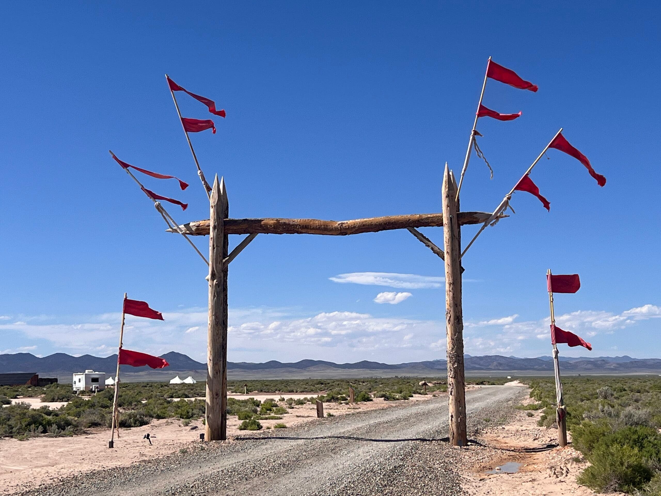 entrance with red flags