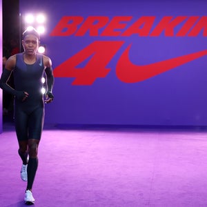 Faith Kipyegon appears at Stade Charléty in Paris ahead of her Breaking4 attempt June 26, 2025. Kipyegon shaved 1.22 seconds off her own world record mile time, finishing in 4:06.42.