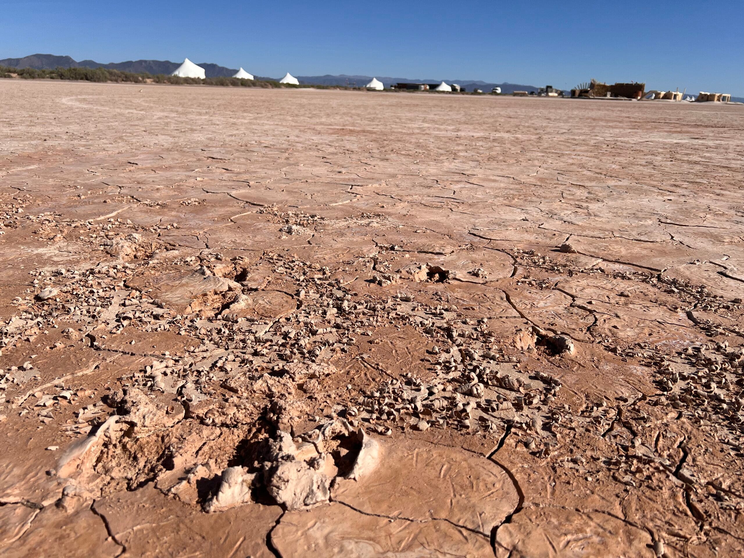 dried desert floor with tents in background