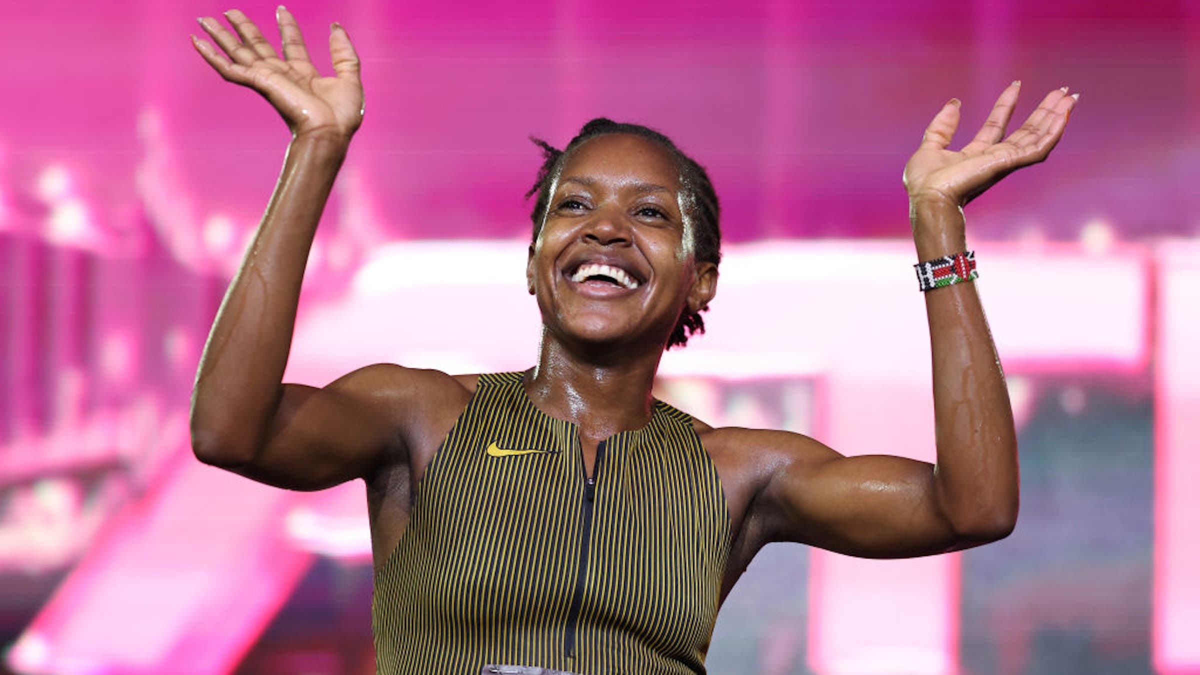 Faith Kipyegon of Kenya celebrates after winning the 1500m during Athlos NYC at Icahn Stadium on September 26, 2024 in New York City.