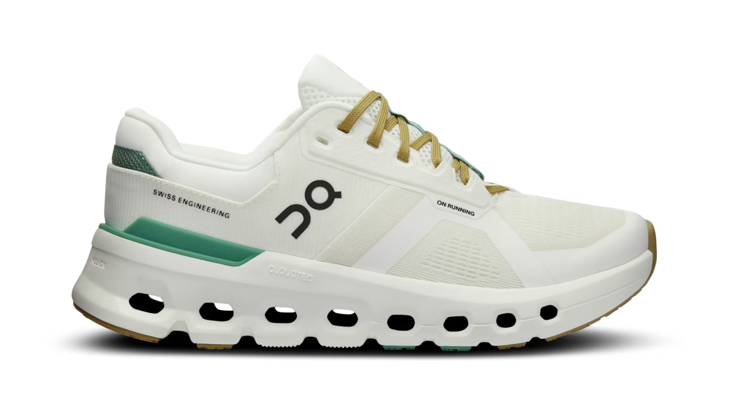 women's On Cloudrunner 2 in white and green colorway product photo with white background