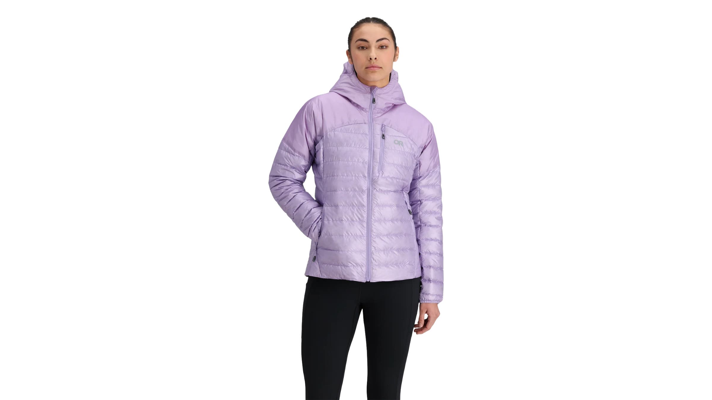 woman in purple down jacket on white background