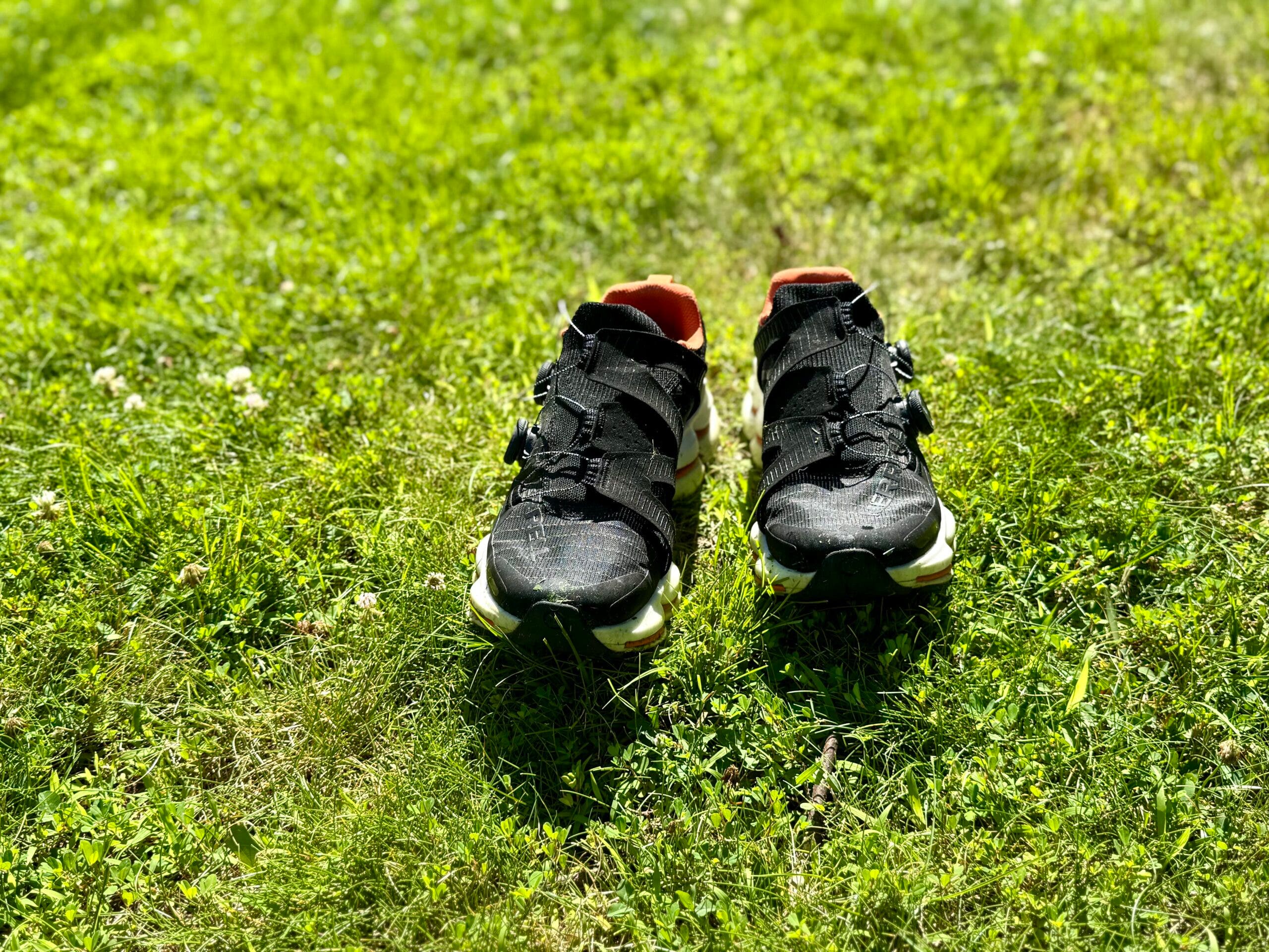 Black shoes in grass