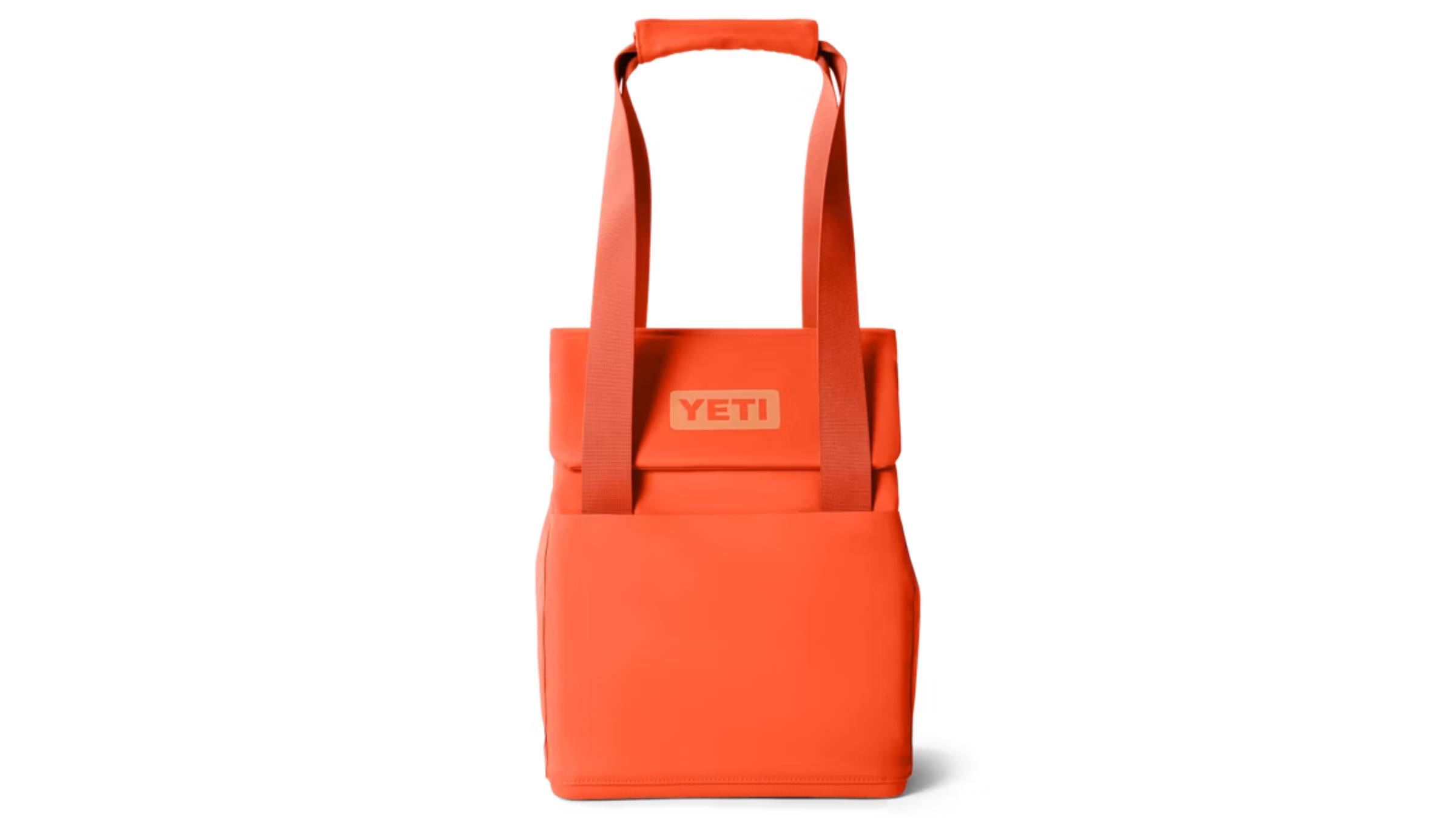 Product image of bright orange Yeti tote bag with handle extended
