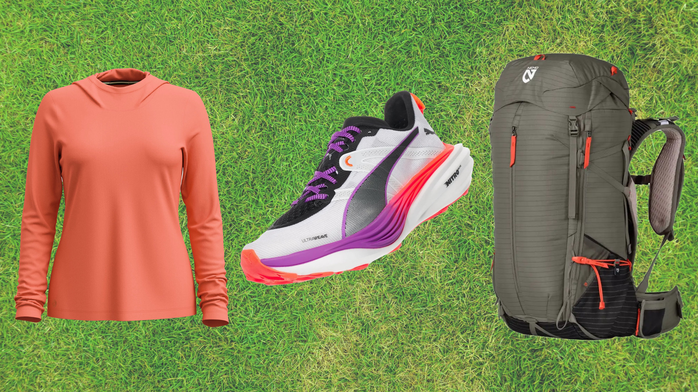 Closeup of orange sun shirt, Puma trail sneaker, and NEMO backpack on grassy backdrop
