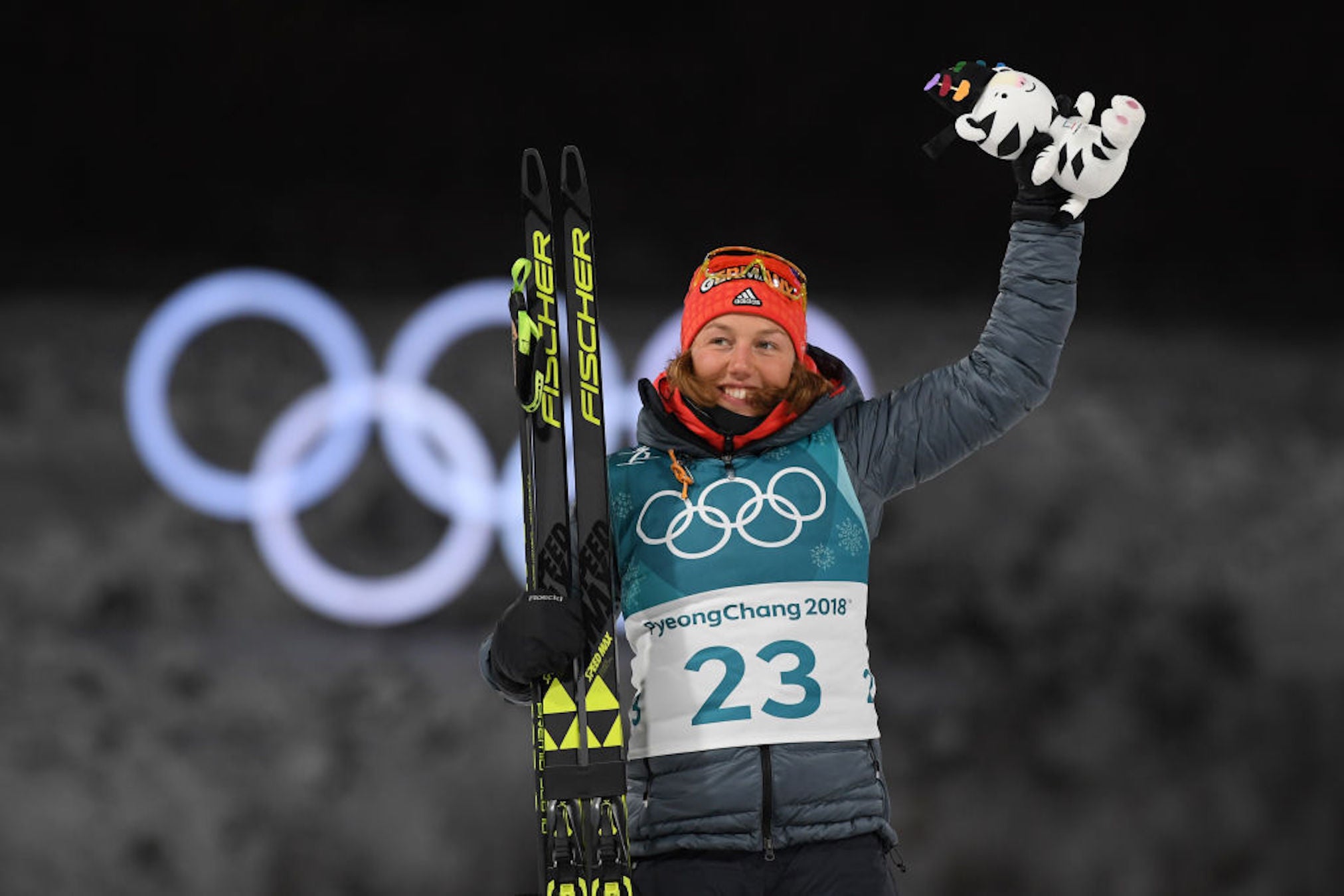 Gold medalist Laura Dahlmeier of Germany celebrates during the victory ceremony for the Women's Biathlon 7.5km Sprint on day one of the PyeongChang 2018 Winter Olympic Games at Alpensia Biathlon Centre on February 10, 2018 in Pyeongchang-gun, South Korea