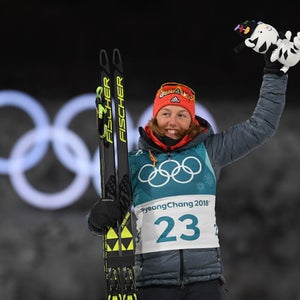 Gold medalist Laura Dahlmeier of Germany celebrates during the victory ceremony for the Women's Biathlon 7.5km Sprint on day one of the PyeongChang 2018 Winter Olympic Games at Alpensia Biathlon Centre on February 10, 2018 in Pyeongchang-gun, South Korea