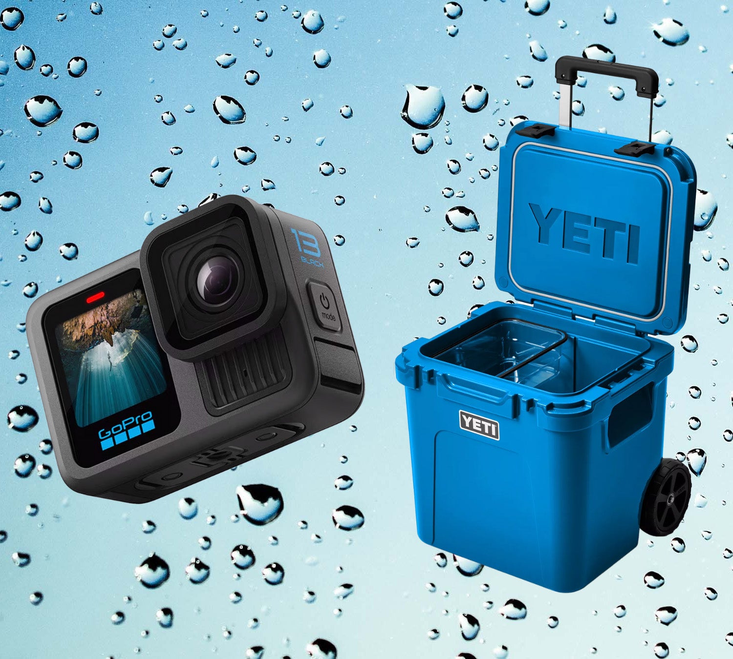 GoPro camera and blue Yeti cooler on water droplet background