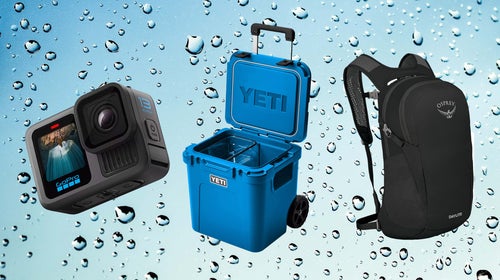 GoPro camera, Yeti cooler, Osprey pack on water droplet background