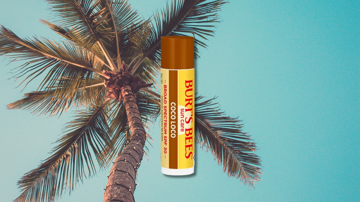 burts bees coco loco spf lip balm on coconut tree background