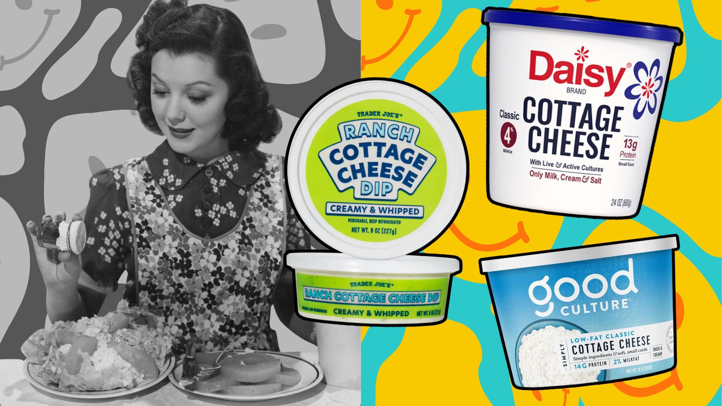 Canadian-American actress Ann Rutherford (1917 - 2012) prepares herself a pineapple and cottage cheese salad sprinkled with paprika, circa 1939. And three cottage cheese tubs.