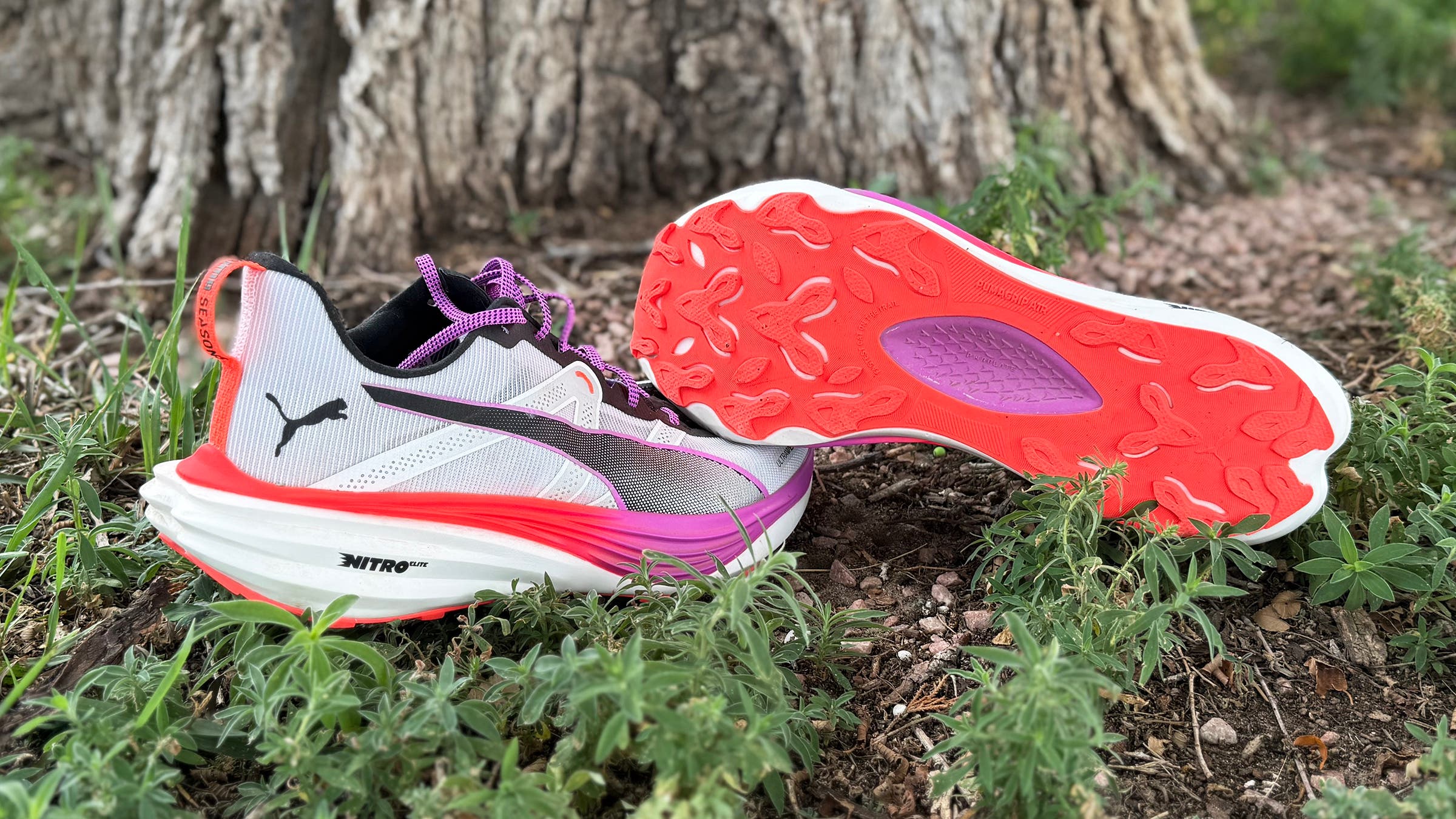 Closeup of Puma Deviate Nitro trail running shoes on grass