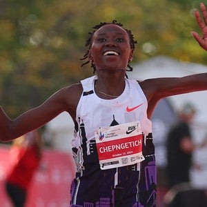 Ruth Chepngetich close up crossing the finish line