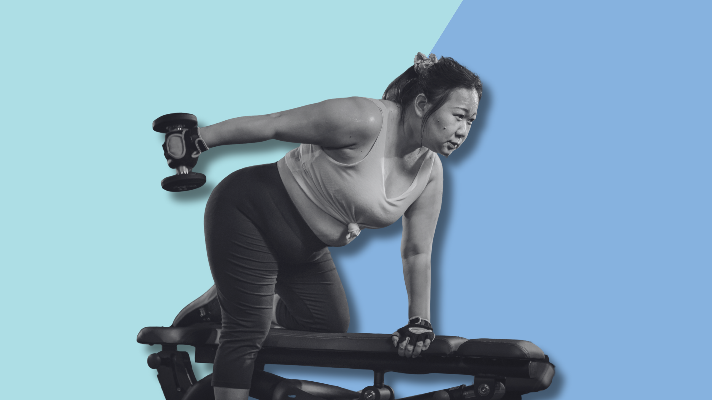 woman doing triceps exercises; triceps kickbacks on bench