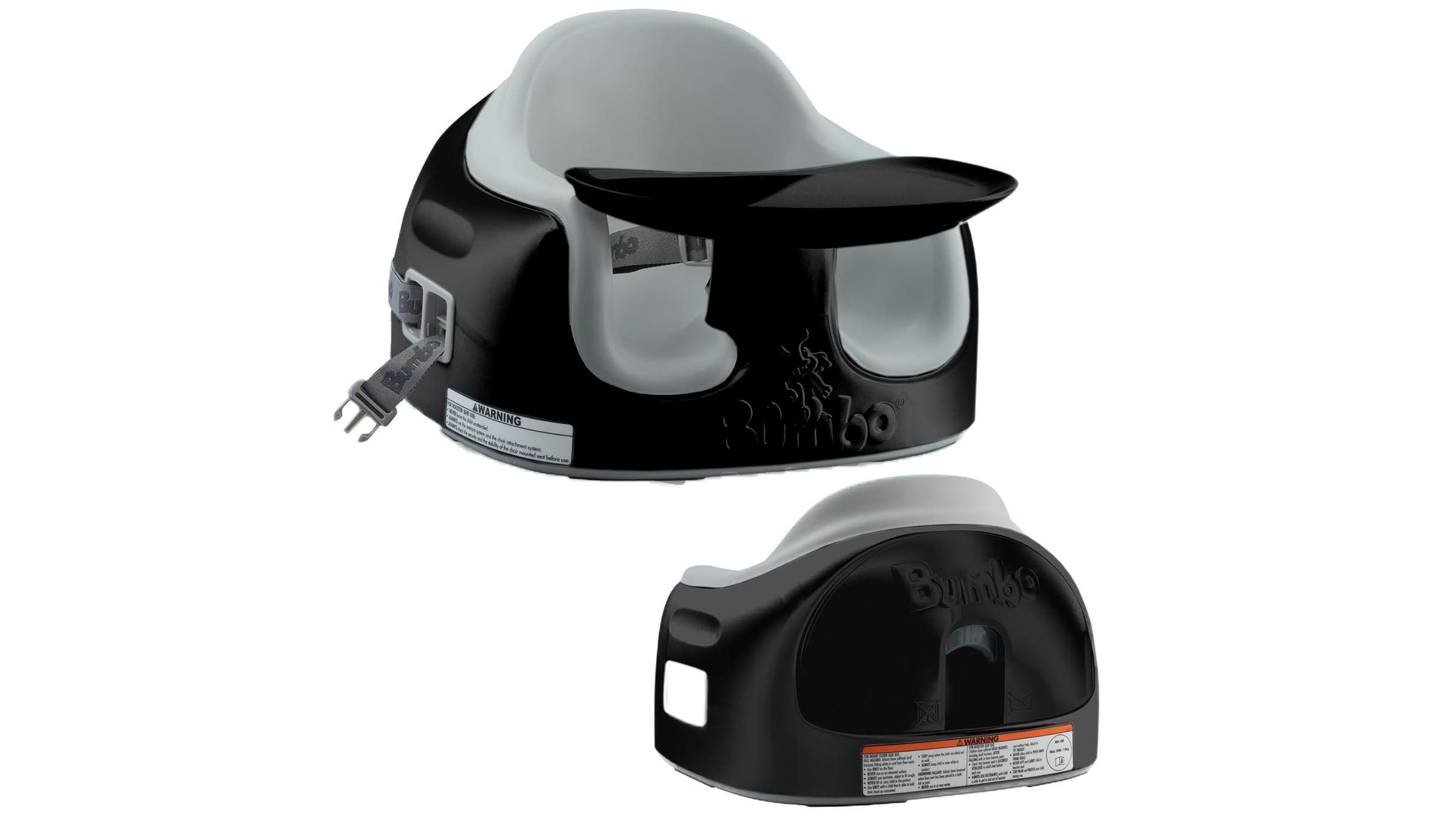 Closeup of baby Bumbo seat front and back on white background