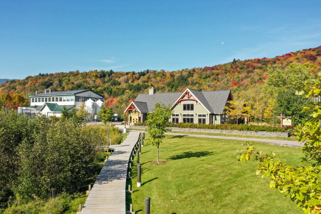 outdoor shot of lawson's in vermont in fall with changing leaves
