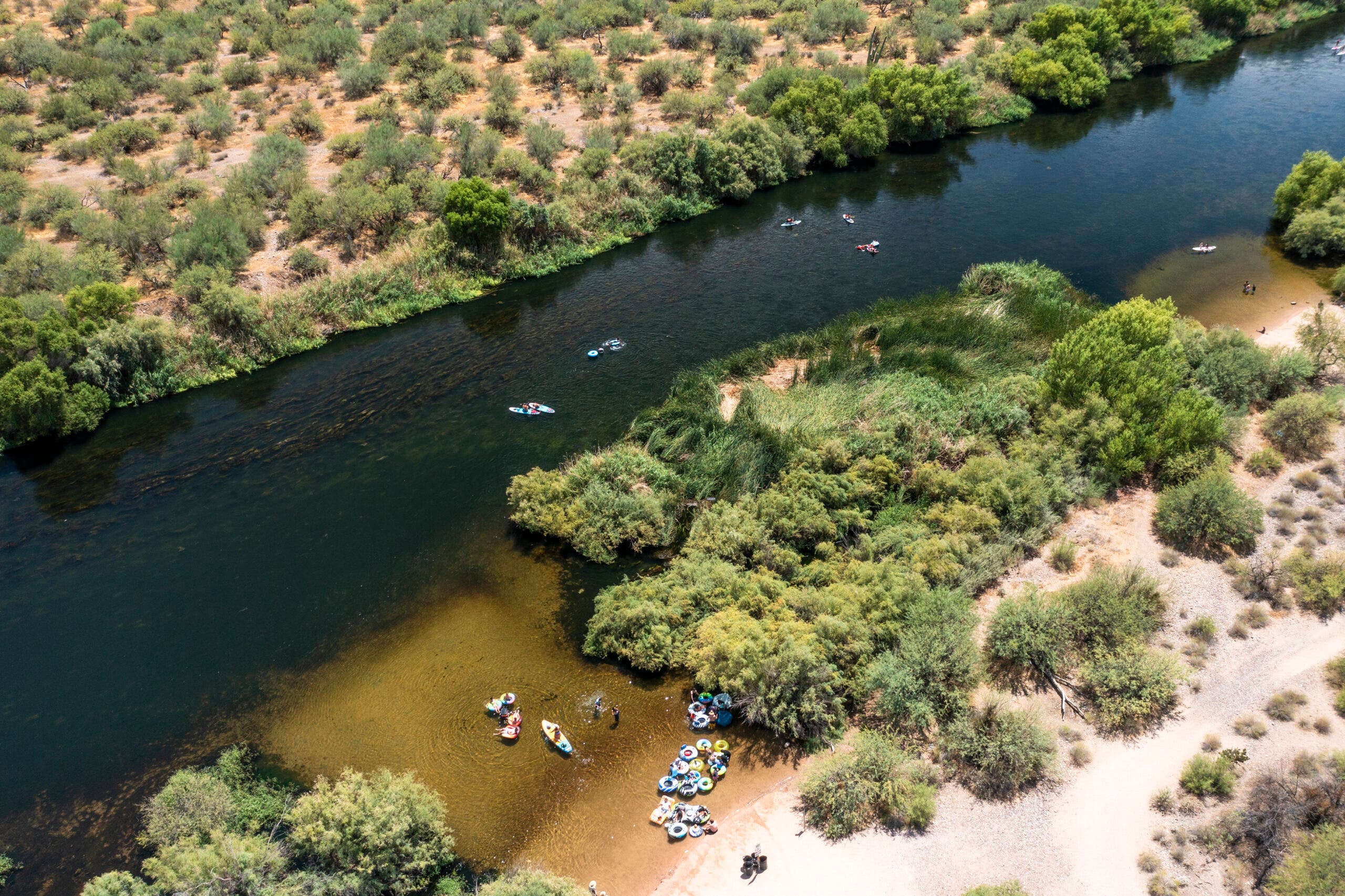 Aerial shot of tubing down the Salt River in Arizona.