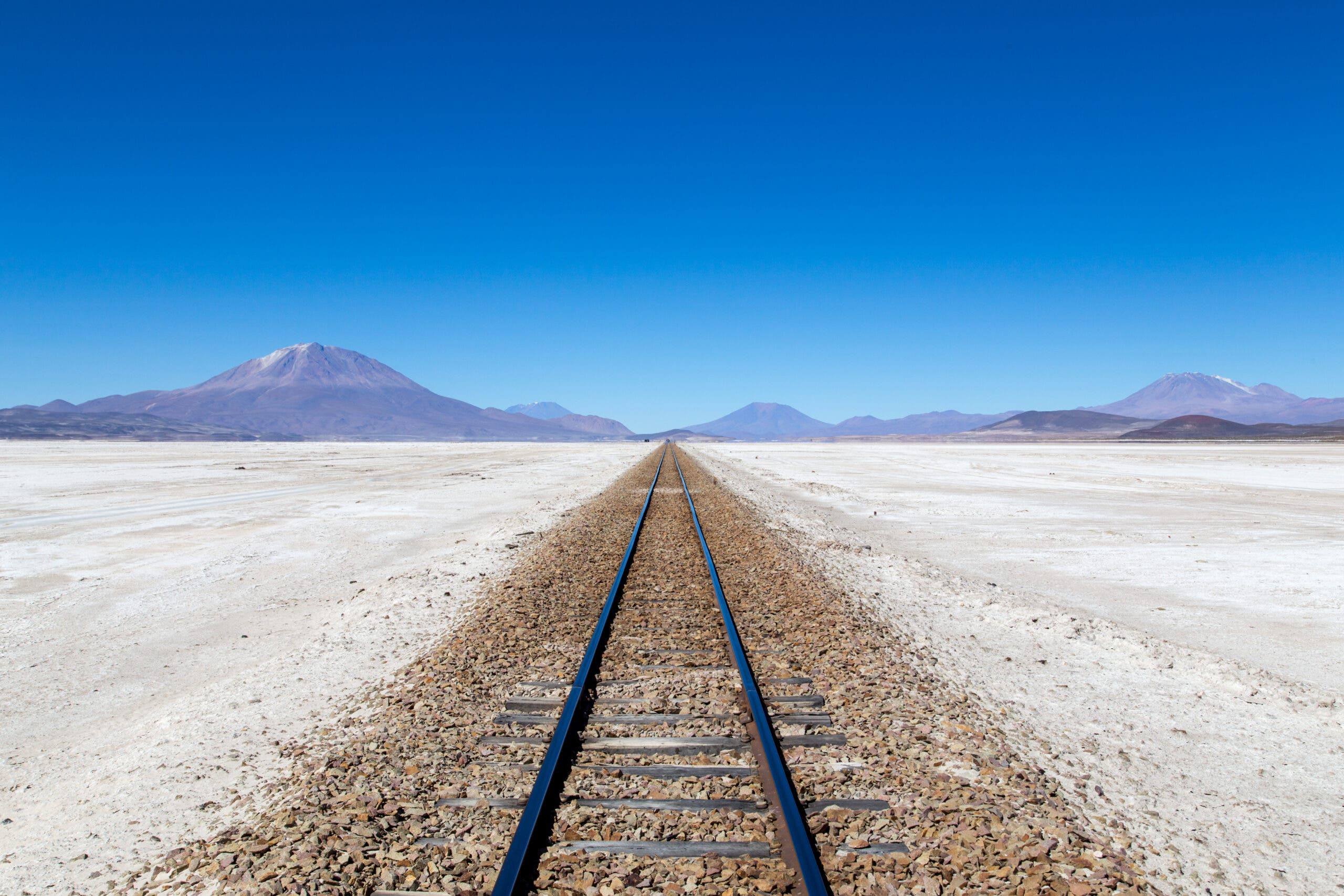 Train tracks in the famous salt flat Salar de Uyuni.