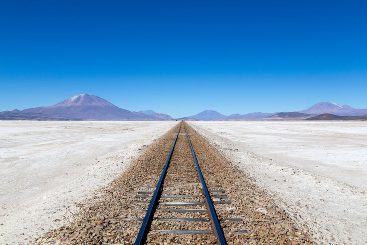 Train tracks in the famous salt flat Salar de Uyuni.