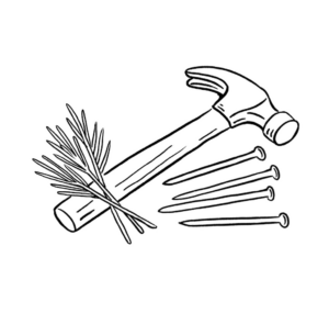 black and white illustration of a hammer, nails, and pine needles