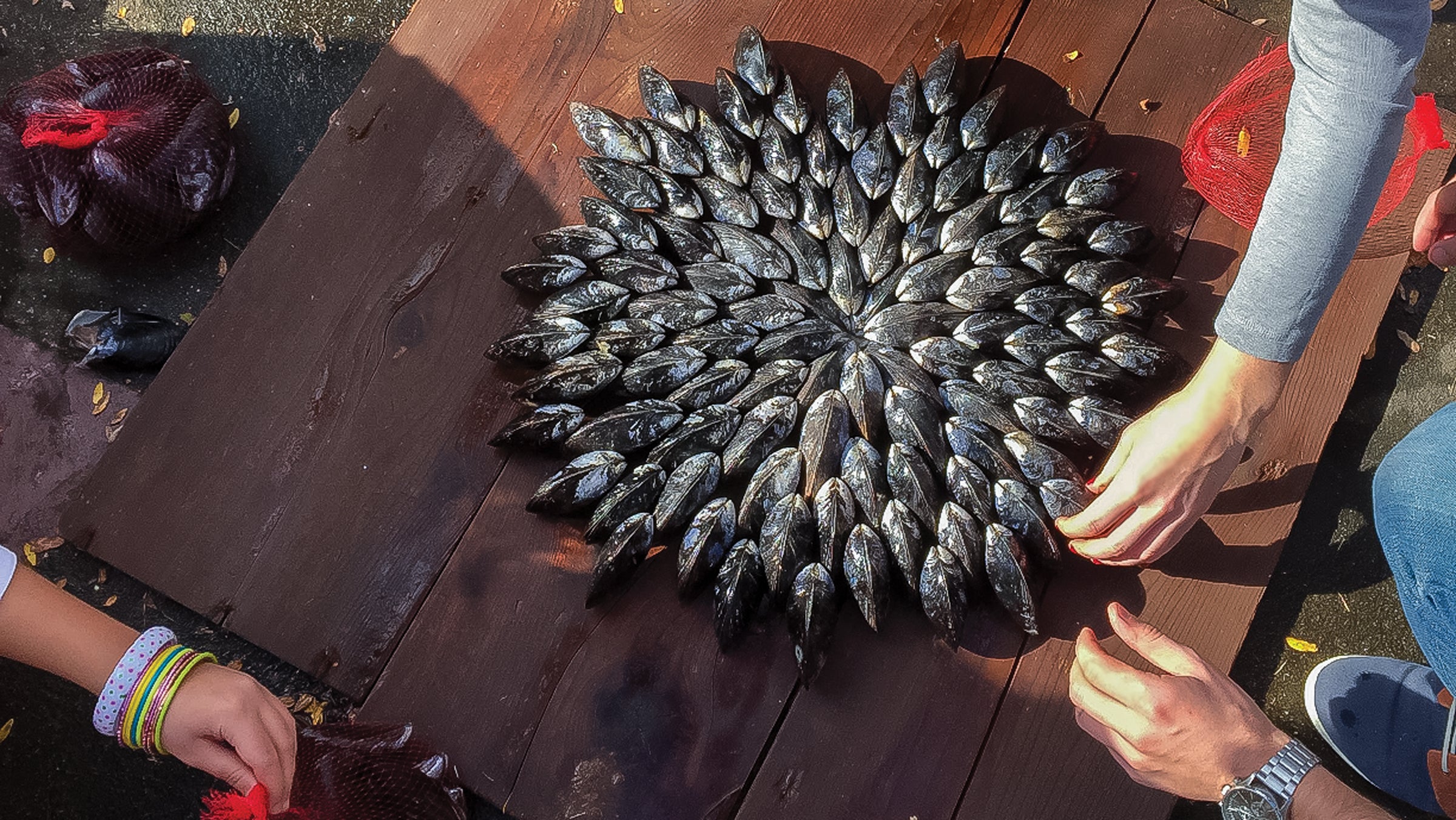 adding mussels to a table
