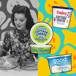 Canadian-American actress Ann Rutherford (1917 - 2012) prepares herself a pineapple and cottage cheese salad sprinkled with paprika, circa 1939. And three cottage cheese tubs.