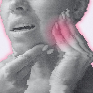 jaw pain with woman in slate color with pink pain orbs; depicts pain in with clench jaw