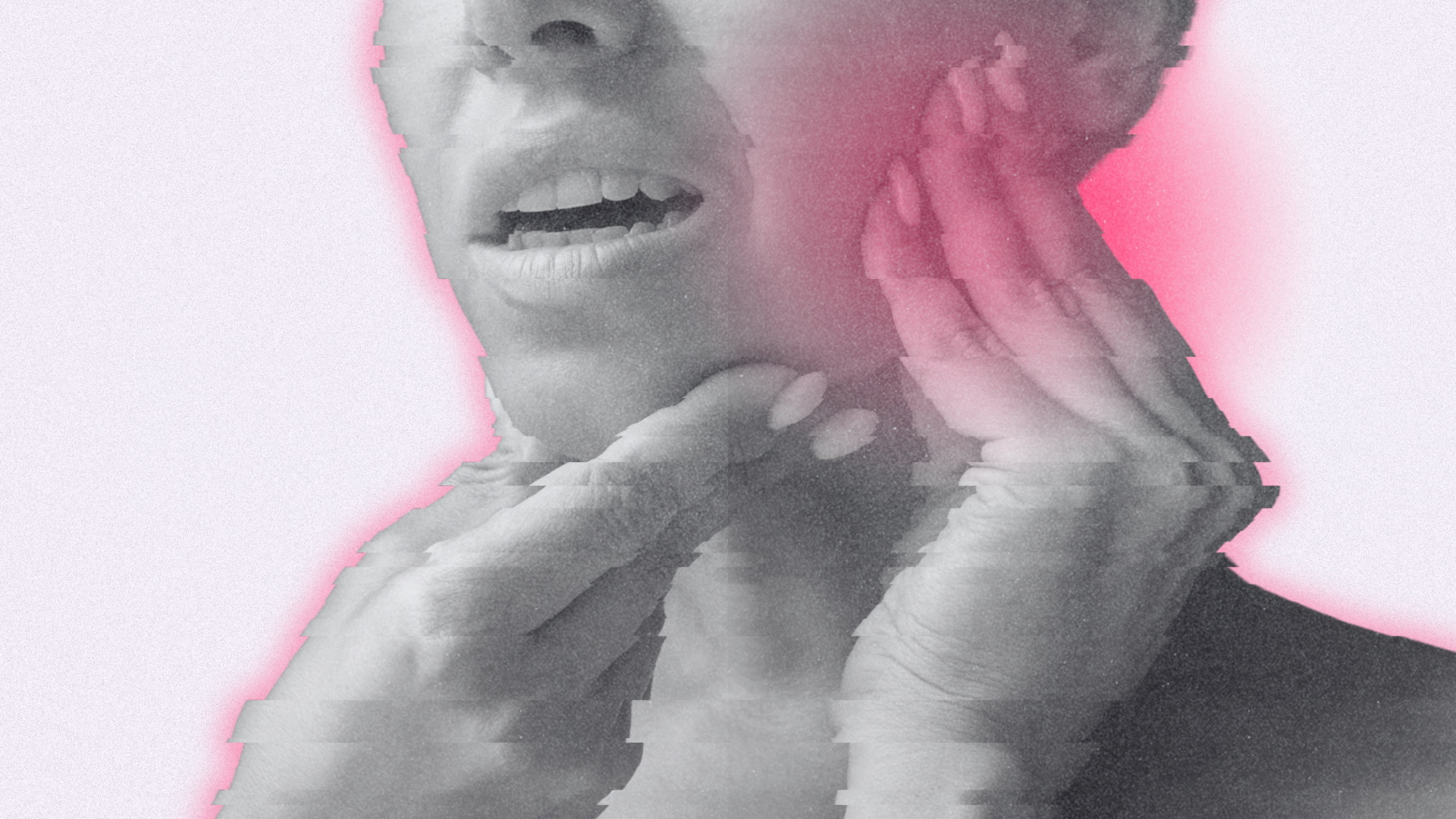 jaw pain with woman in slate color with pink pain orbs; depicts pain in with clench jaw