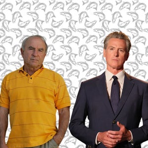 Left: Yvon Chouinard; right: Gavin Newsom