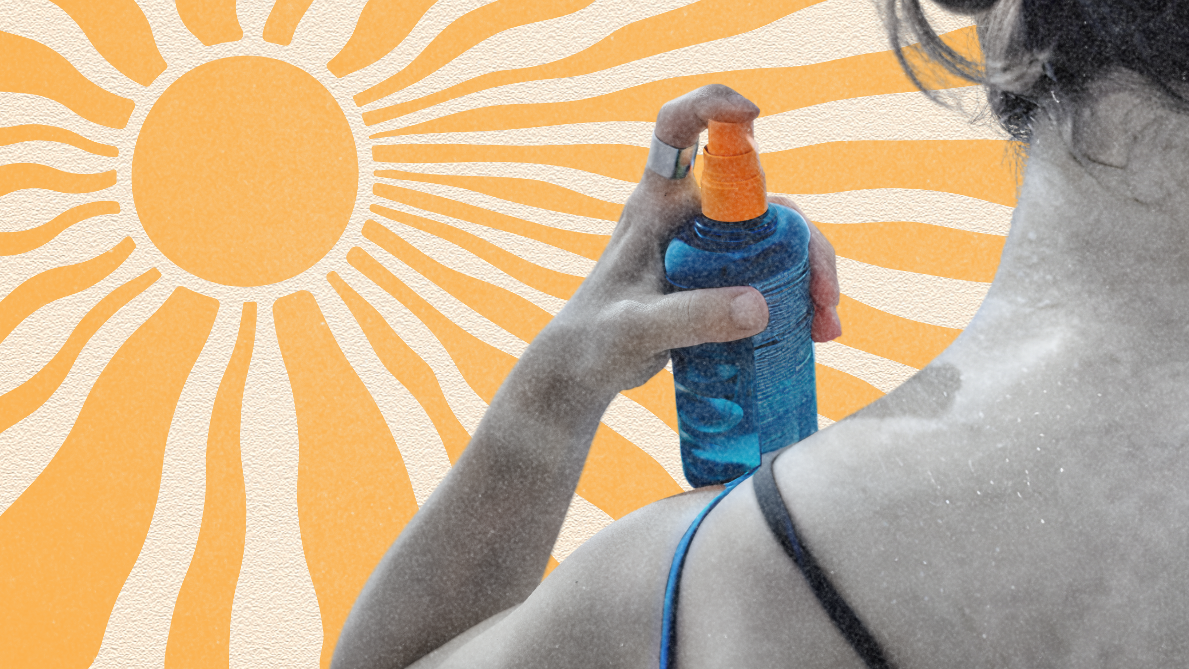 Close-up of young woman spraying sun cream on her neck on a sunny day on sun background