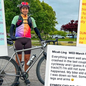 synrgy cycling, a woman standing next to her bike, images of text conversations overlay the main image