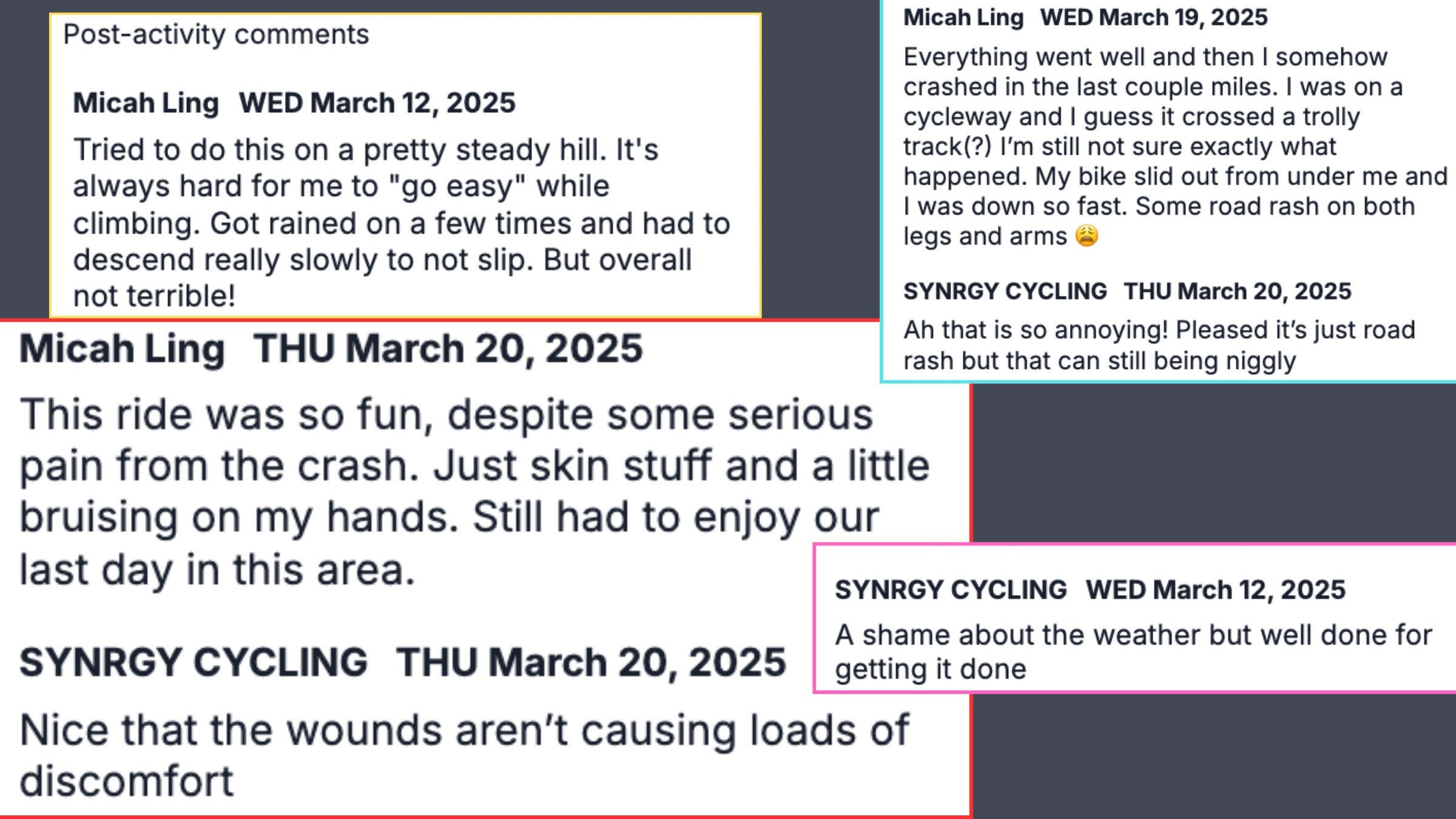 synrgy cycling text conversations screenshots