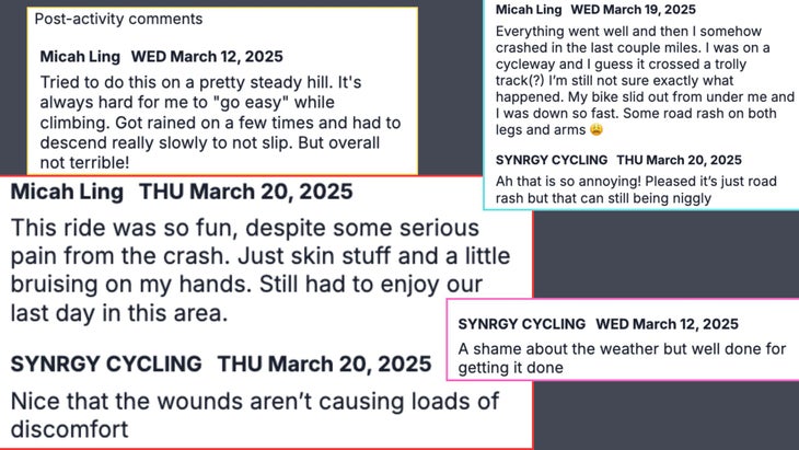 synrgy cycling text conversations screenshots