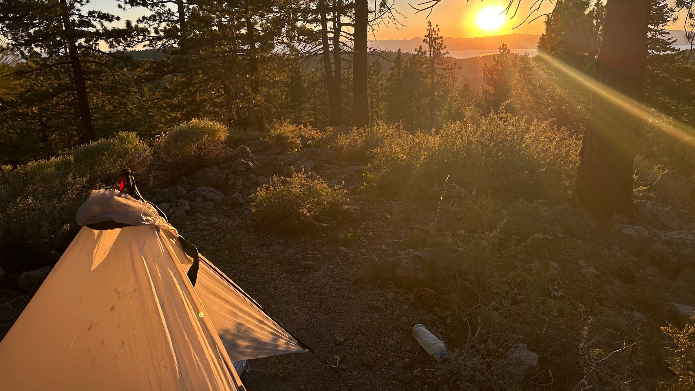the author's camp at sunset