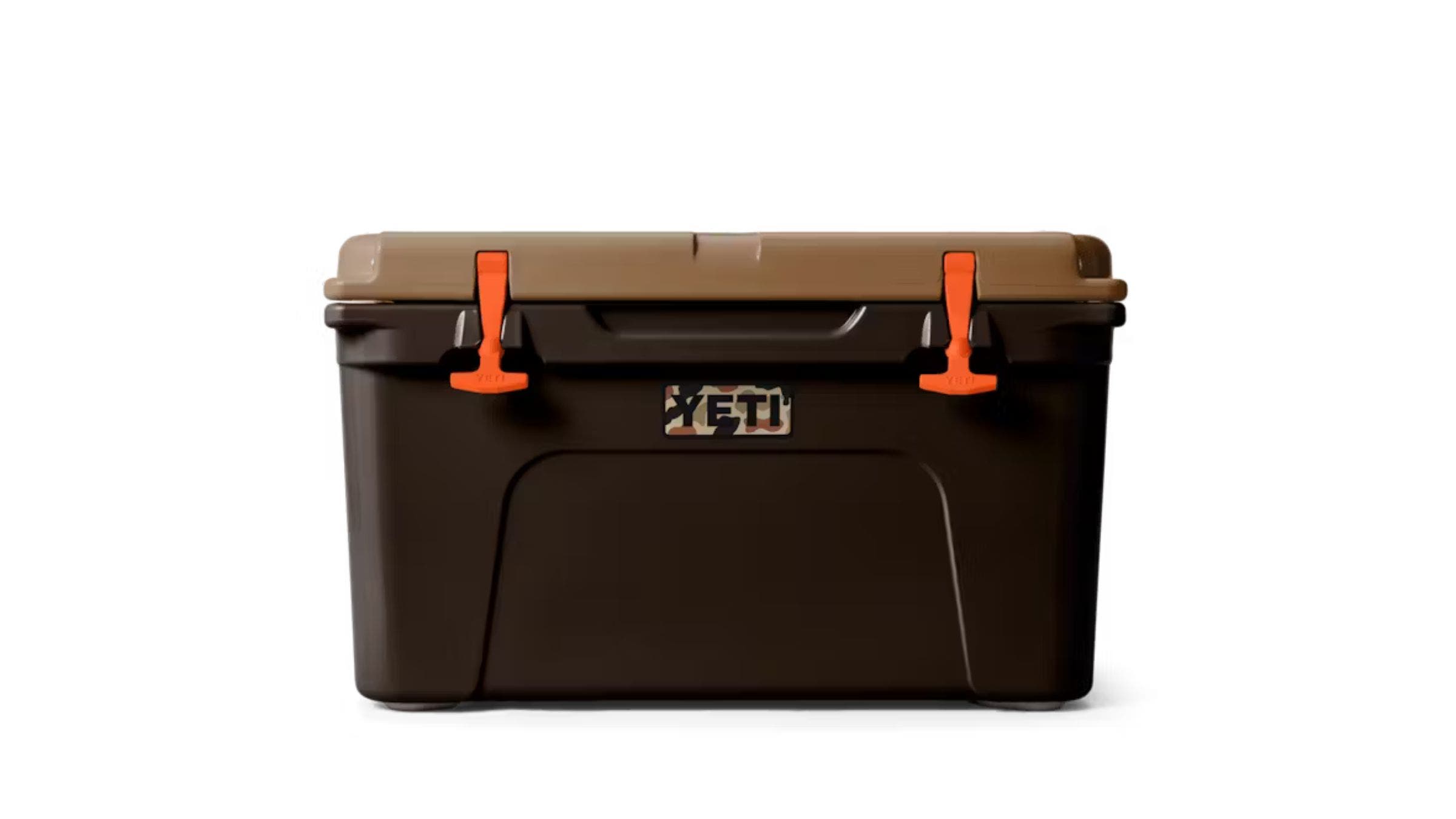 brown cooler with orange straps