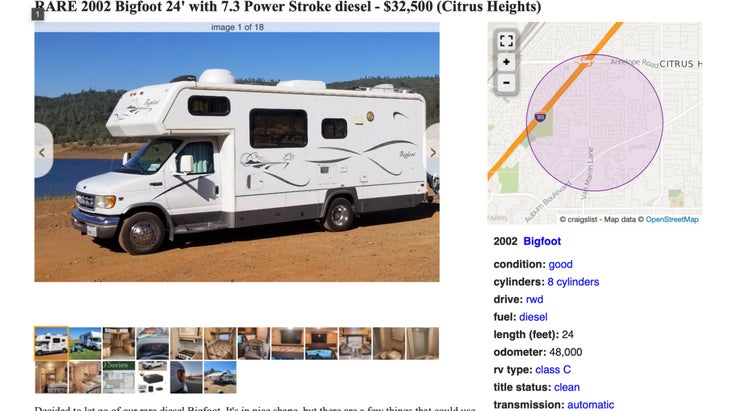 2002 Bigfoot 24’ Class C RV parked by lake shore
