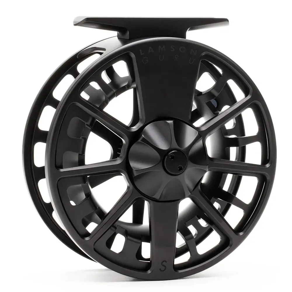 black lamson guru s fly-fishing reel on white background
