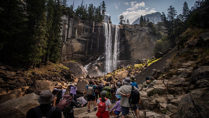 Visitors hike the Mist Trail toward Vernal Falls in August 2025 in Yosemite National Park