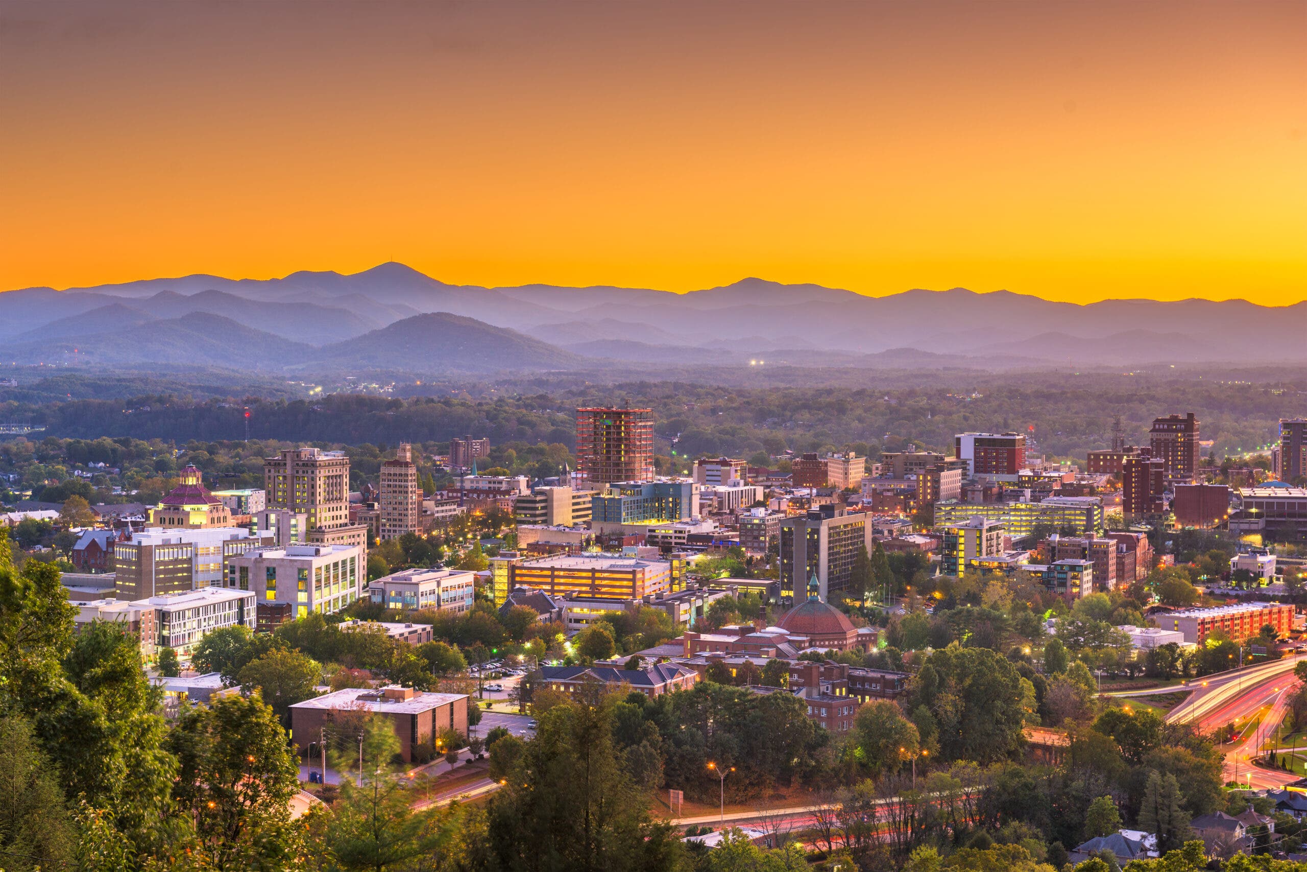 Asheville, North Carolina, downtown skyline at dawn.