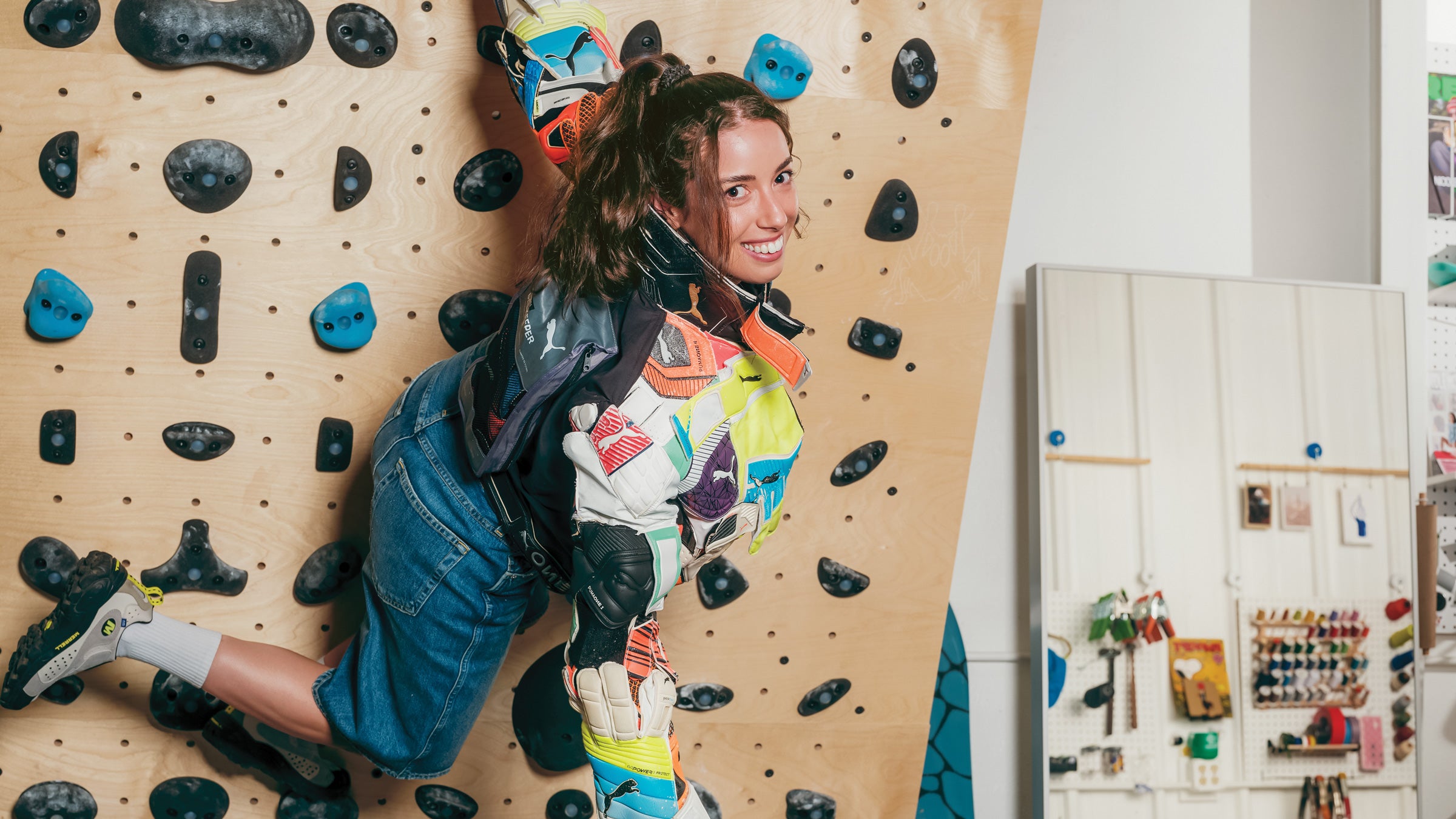 Nicole McLaughlin climbing in a wood board