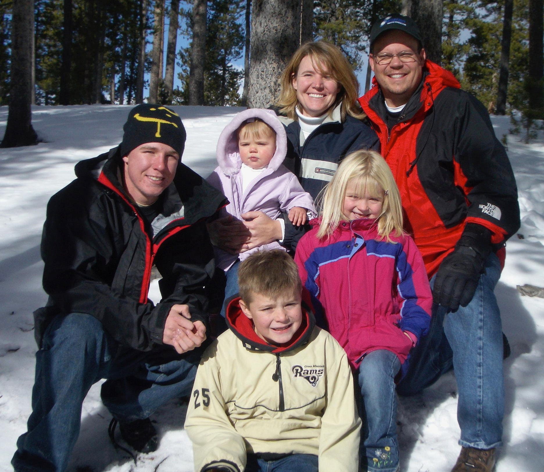 The Vanek family Christmas tree hunting in Buffalo Creek, Colorado, in 2004. From left to right, clockwise: Michael, Haley, Michelle, Ben, Ali, and Grant