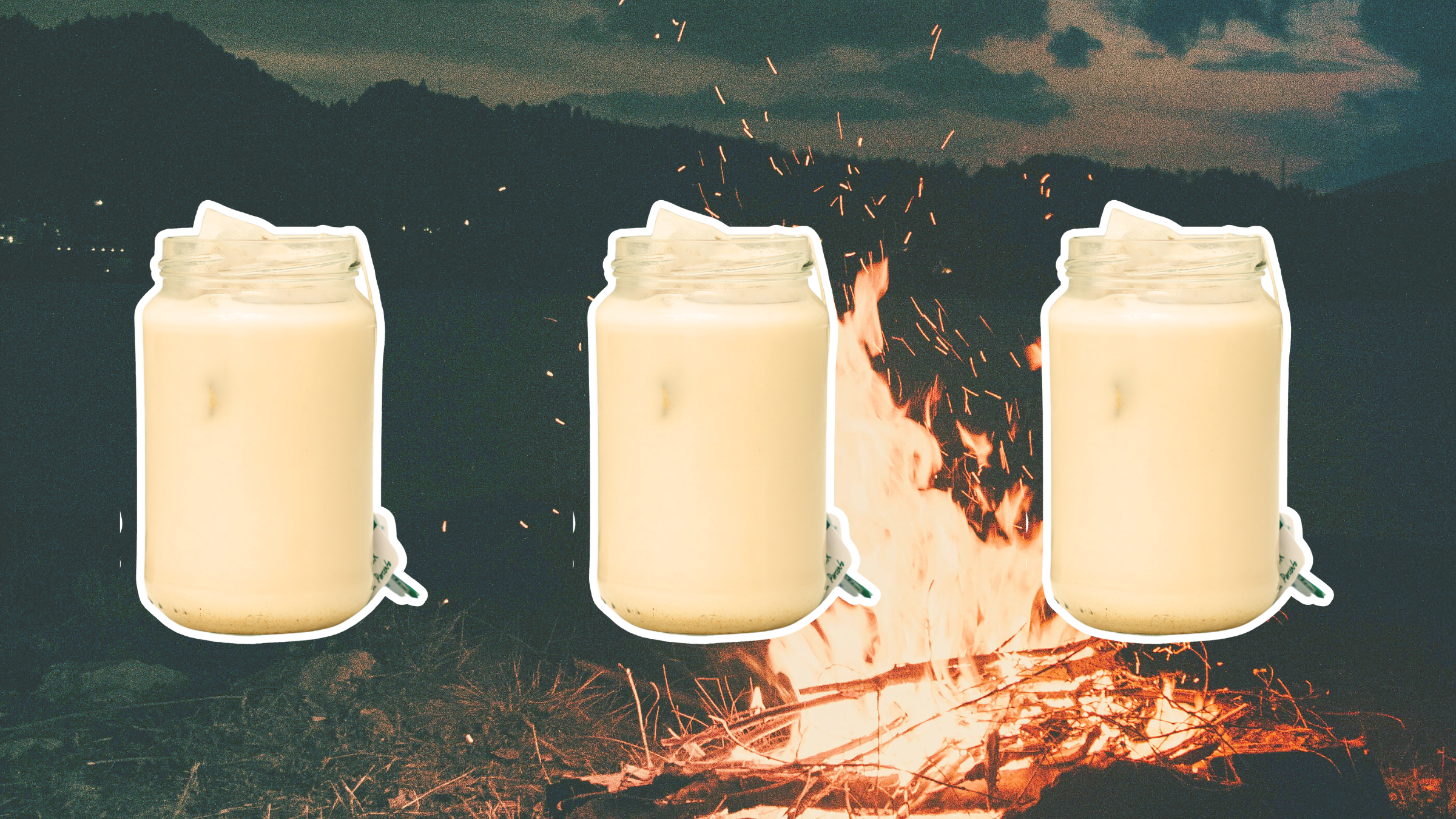 cold brew tea latte on a camping campfire background
