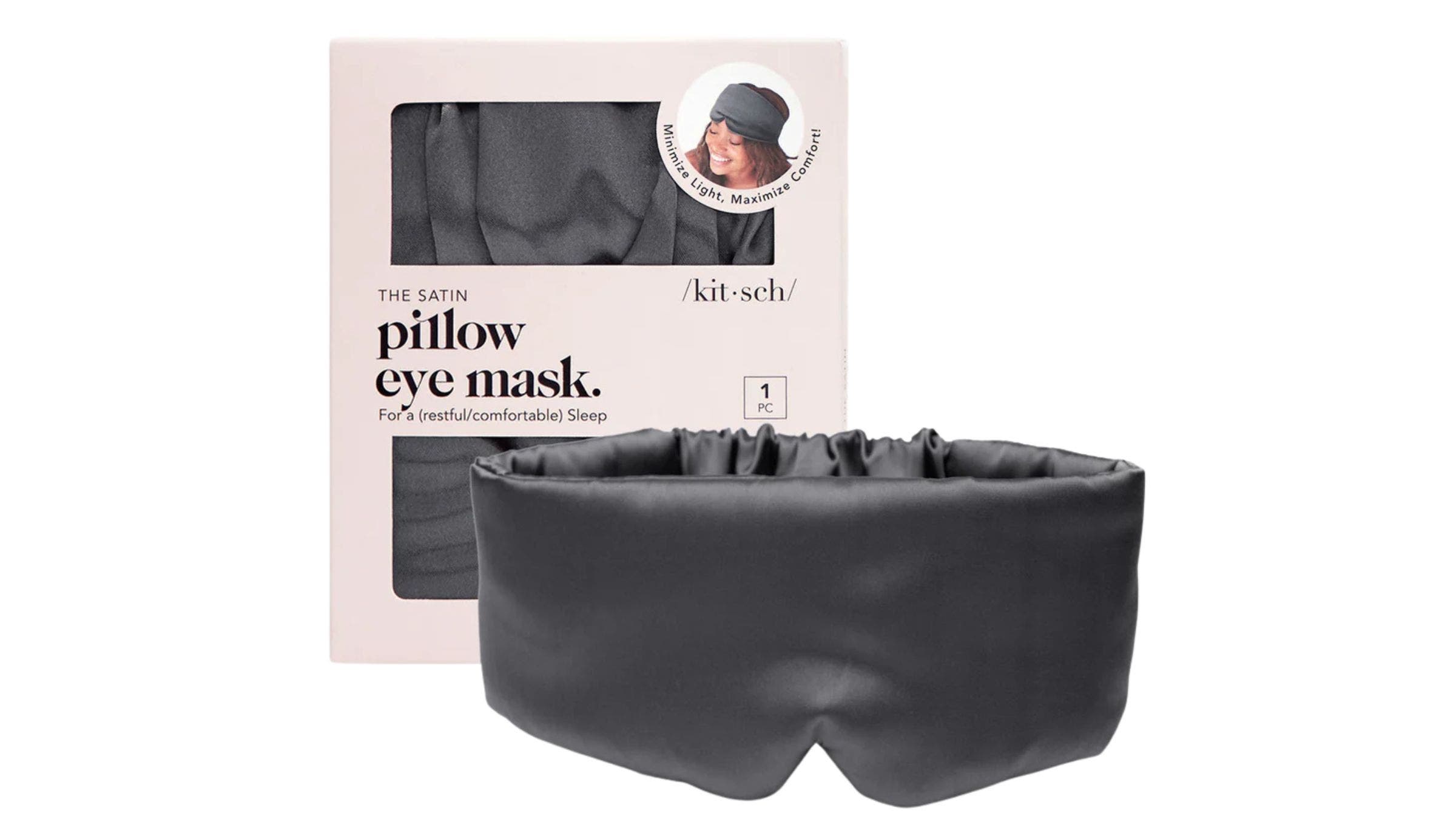the satin eye mask in black with its packaging