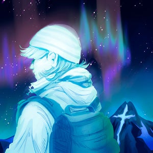 woman in front of Mount of the Holy Cross with Northern Lights