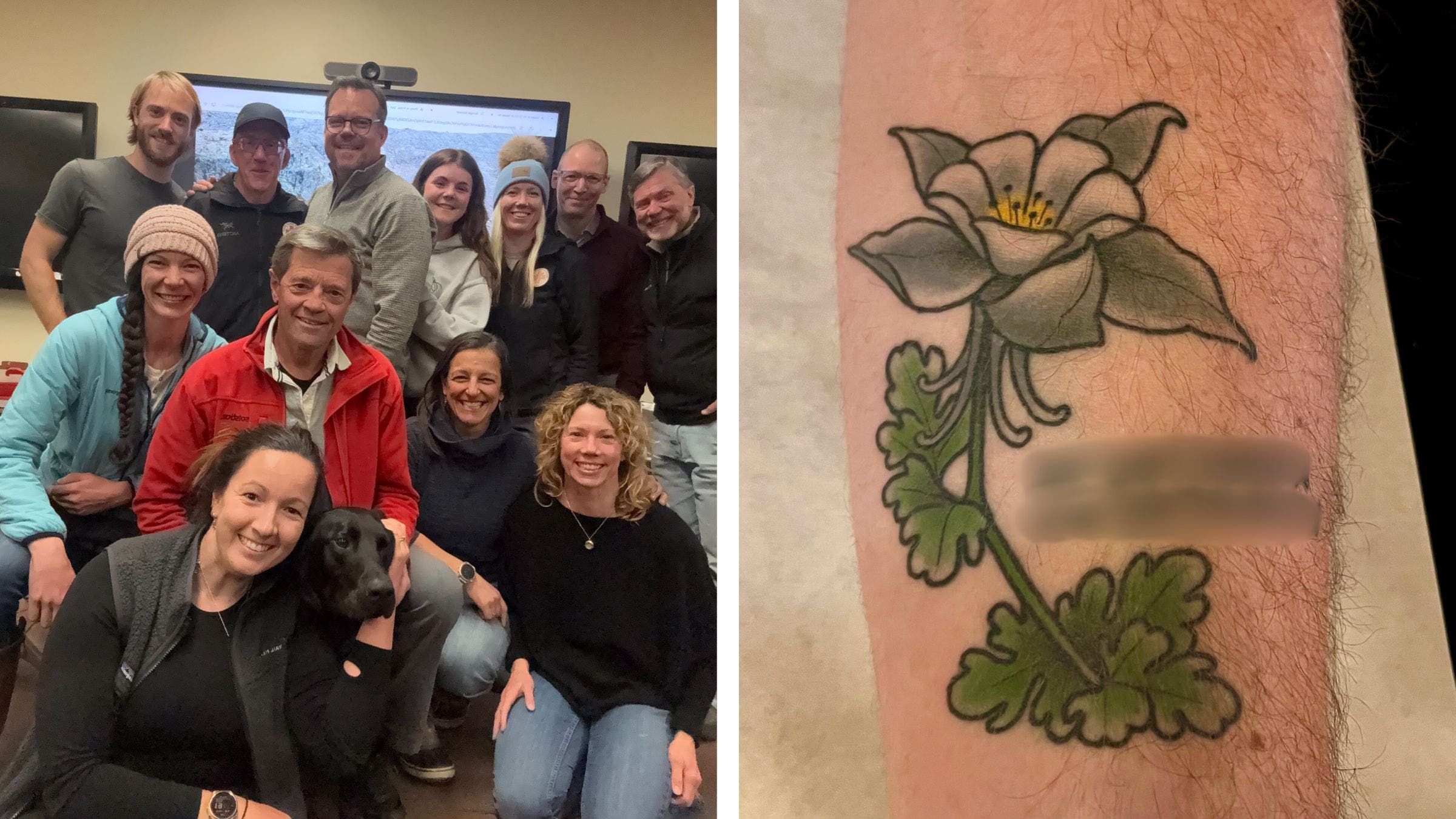 Left: The Vaneks meet with VMRG's search and recovery team at the team's cache in March 2025; Back row: Zachary Smith, Ted Katauskas, Ben and Haley Vanek, Erika German, Dave Weisman, Scott Beebe; Middle row: Anya Minetz, Jeff Ashby, Jenn Pirog, Heather Parker; Front row: Emily Brown and Stryker; right: Grant's columbine tattoo, from ink mixed with his mother's ashes, with the Lat/Long of the recovery site