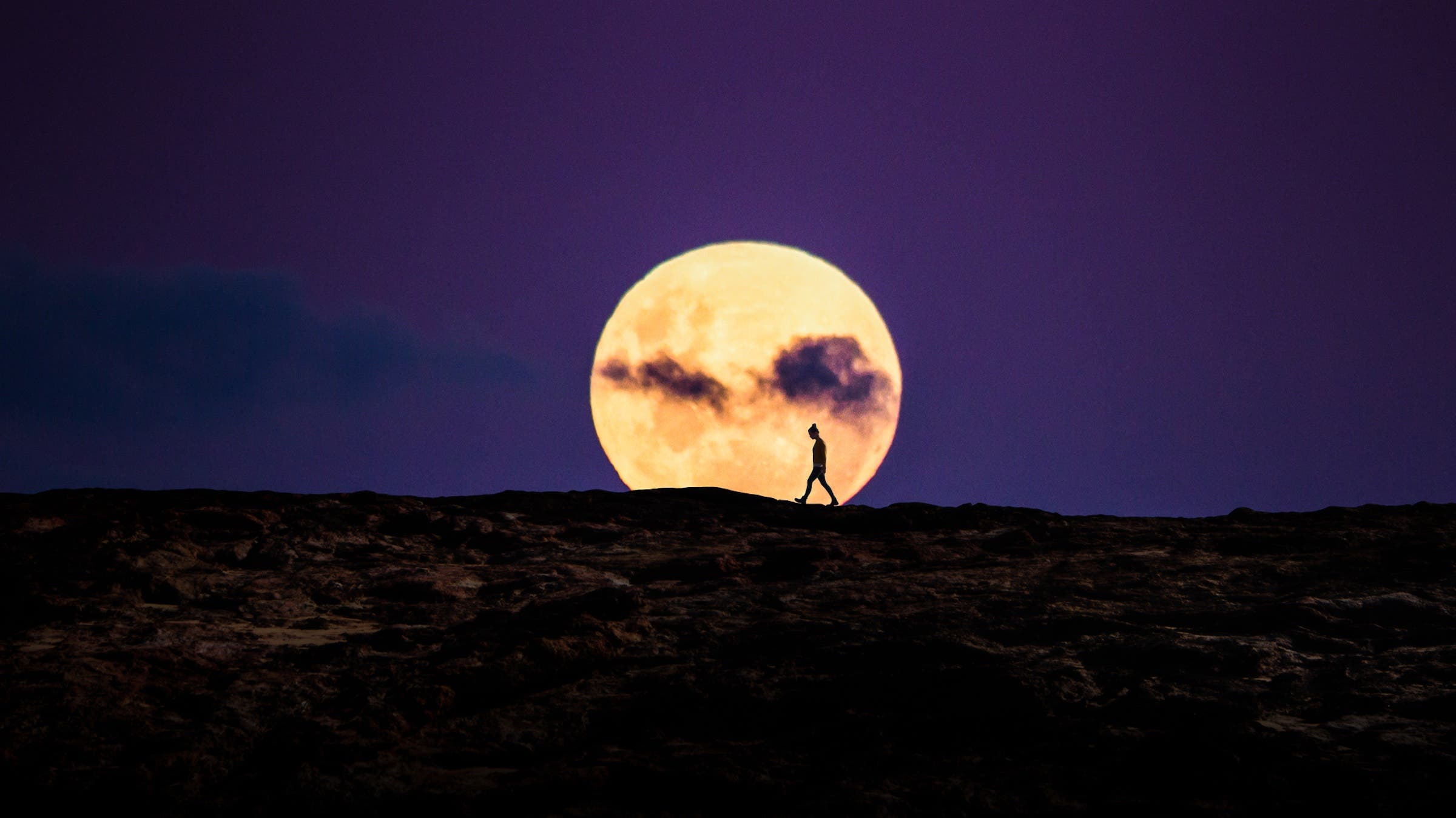 person walking in front of moon against purple sky