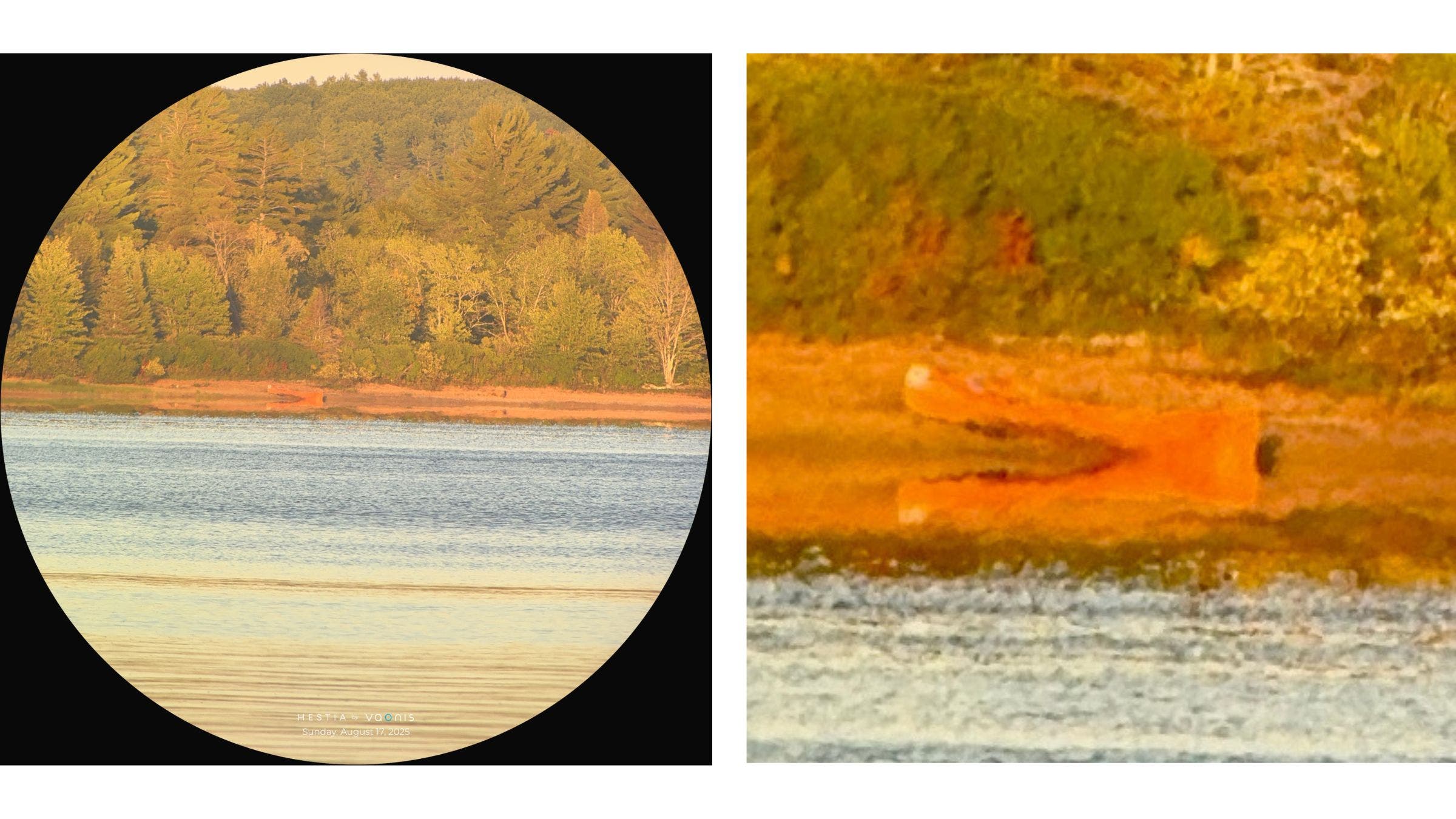 Using “Scenery” mode, we checked out the shoreline over a mile away (left) and zoomed in (right) to see a canoe, confirming that someone was already camped there