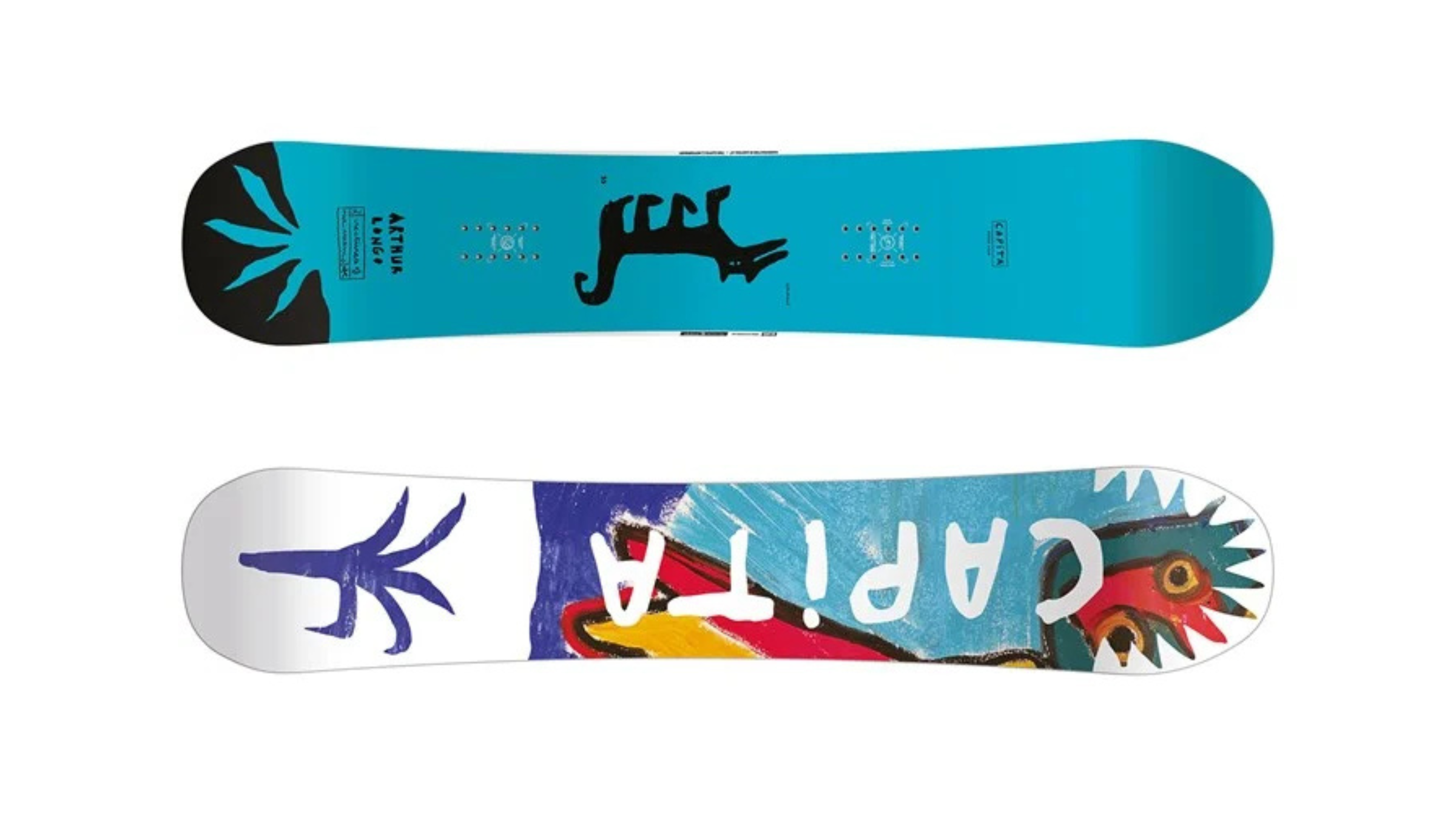 blue and multicolored deck of Capita Aeronaut, best 2026 snowboards