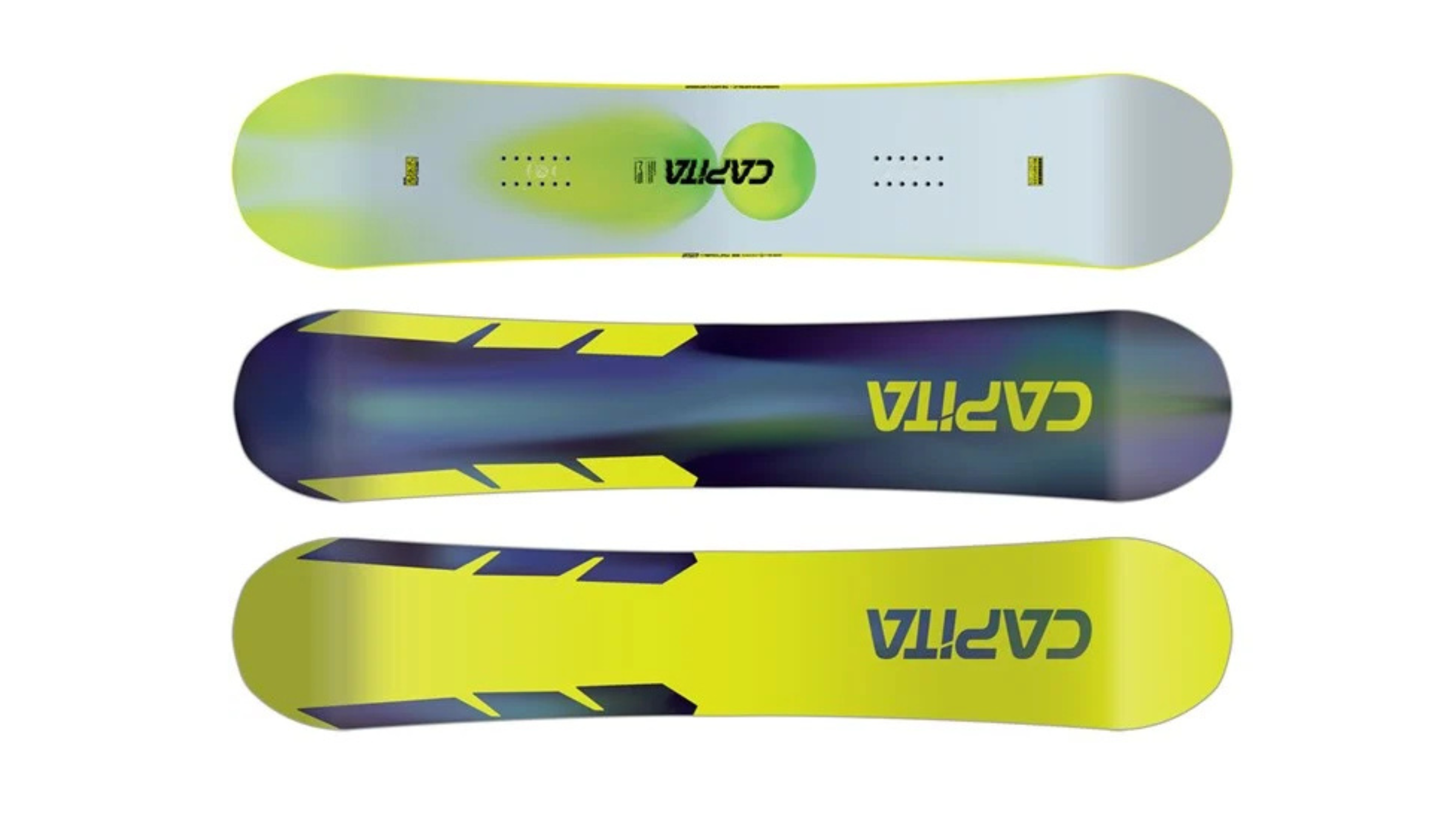 green and white deck of Capita Mercury snowboard, best of 2026