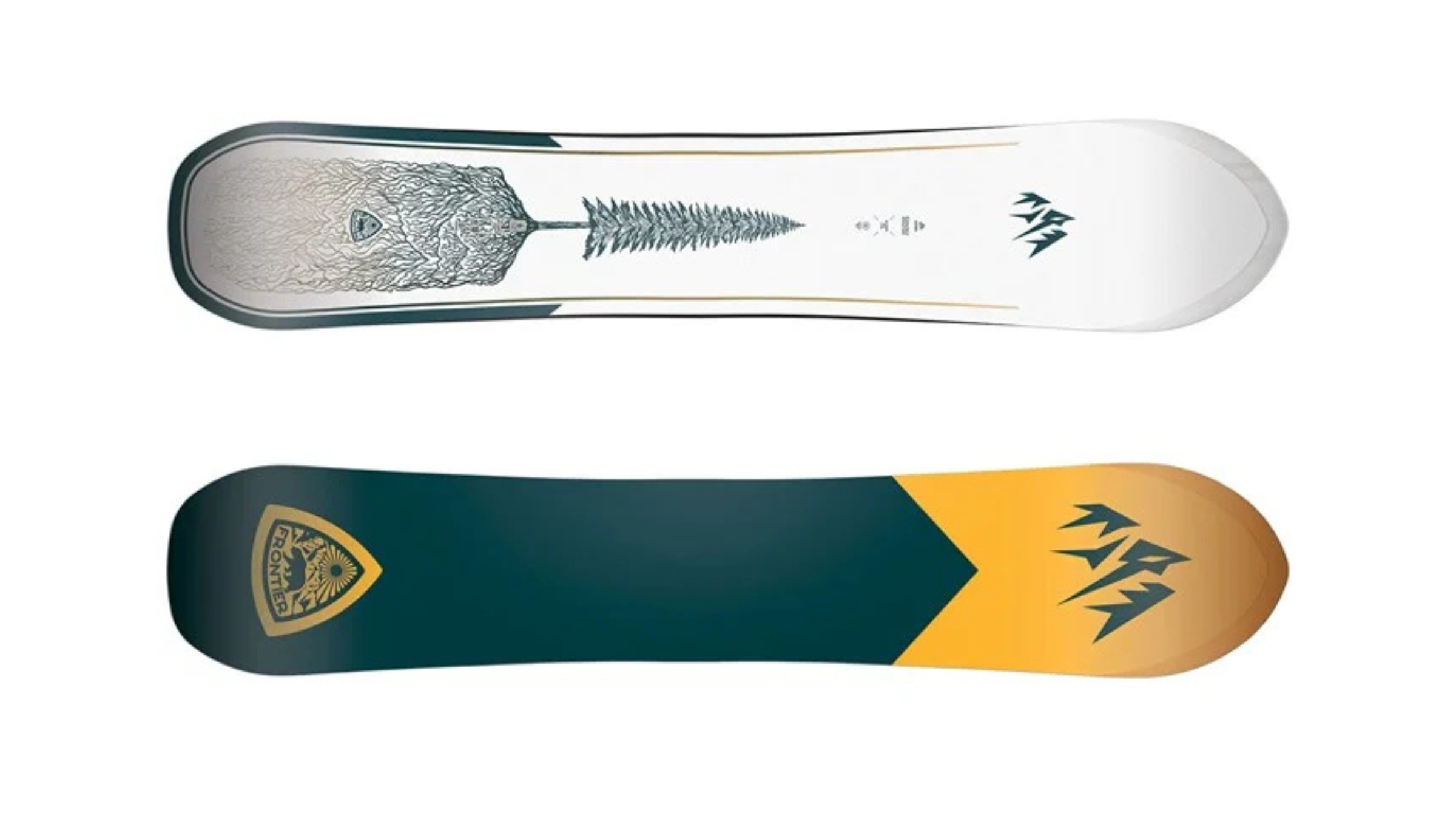 yellow, green and white deck of Jones Frontier 2.0, a 2026 best snowboard, on white background